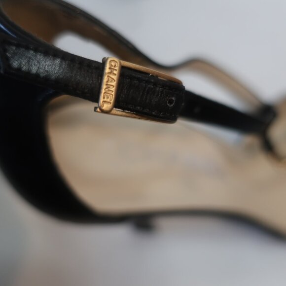 Authentic Chanel Black Pointy Leather Chain Link T-Strap Heels 39.5 US/9.5 - Picture 7 of 16